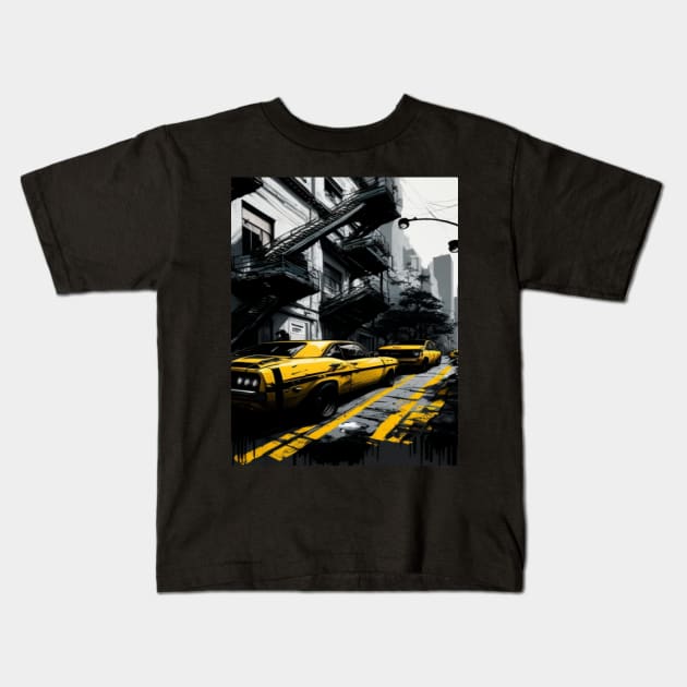 Car tiers print on street black and yellow. Kids T-Shirt by Gadeliow